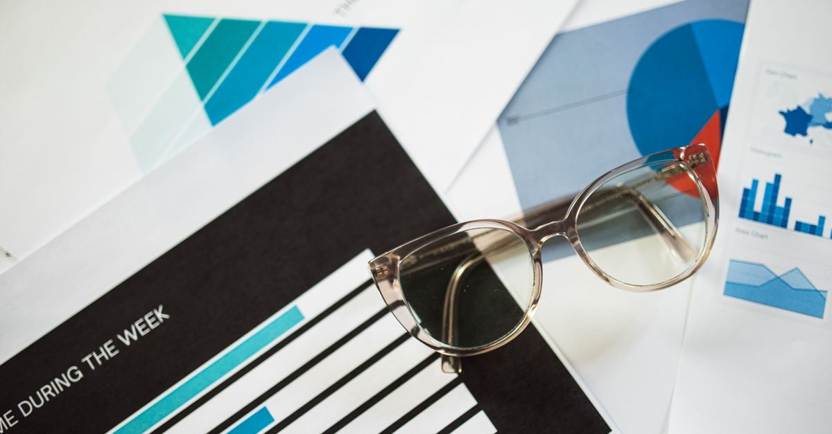 Close-up of eyeglasses resting on financial documents with various charts and graphs.