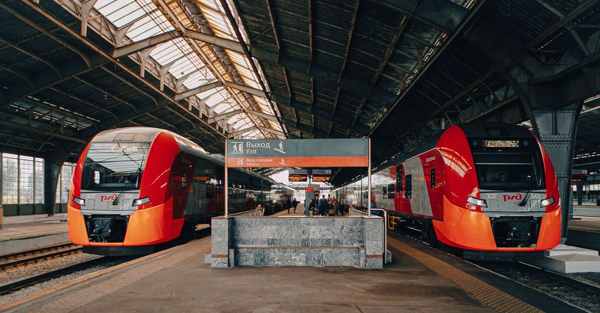Red and black trains at a bustling railway station with passengers and exit sign.