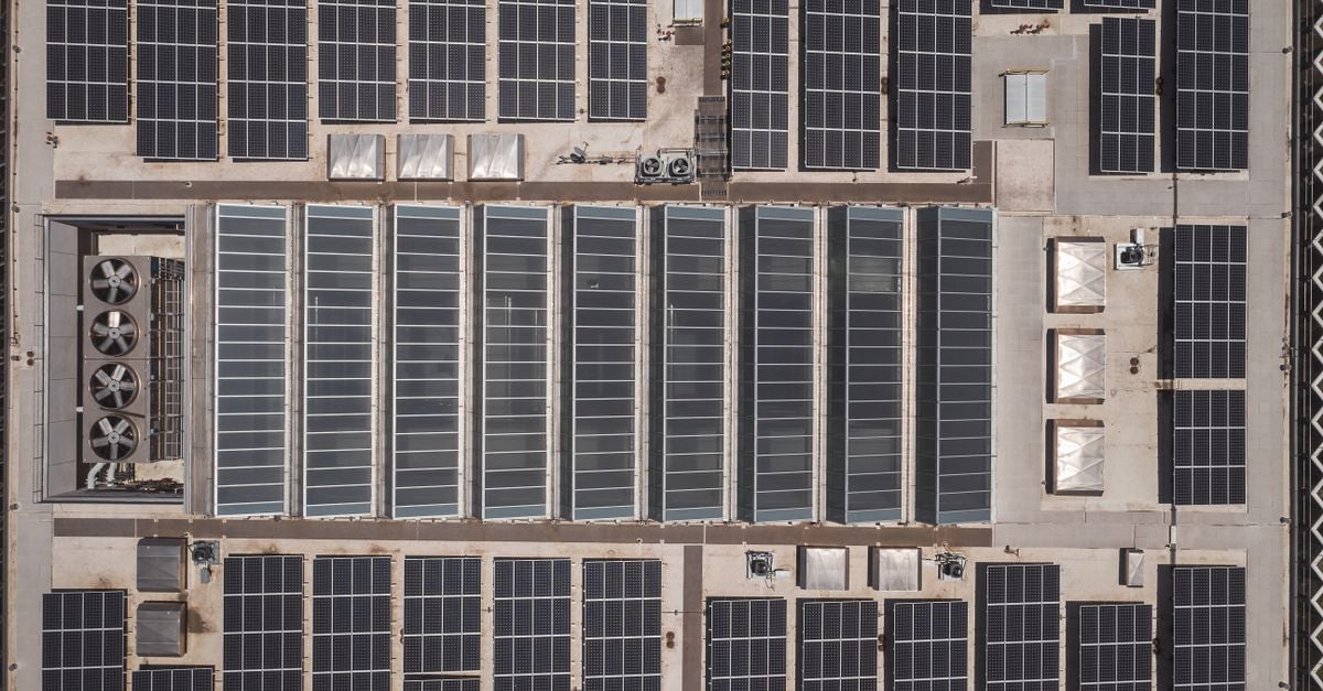 High-angle drone shot of rooftop solar panels showcasing renewable energy technology.