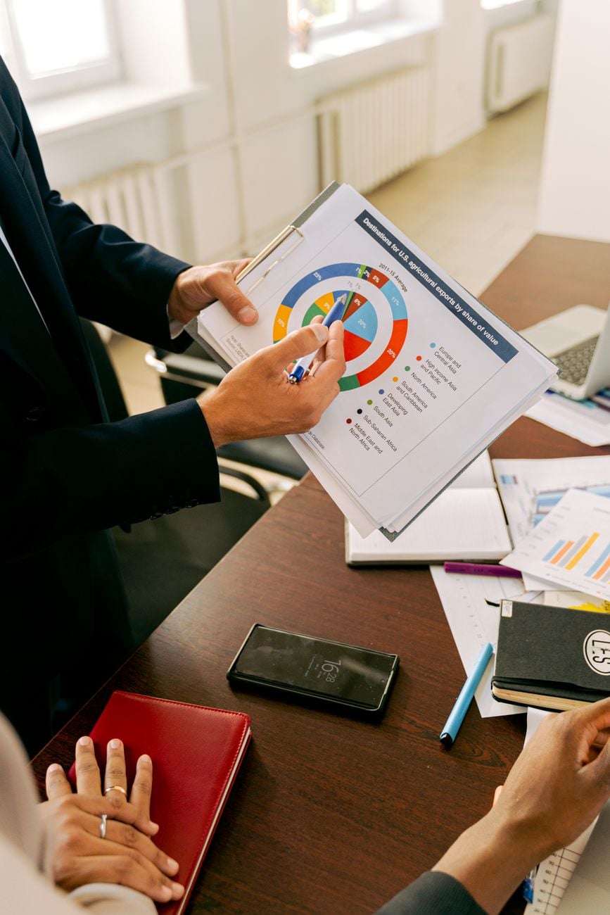 Zakenprofessionals bespreken financiële grafieken tijdens een strategievergadering.