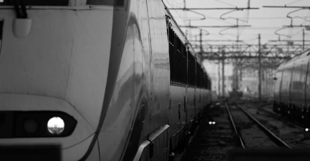 Monochrome view of a high-speed train at a station in Venice, Italy.