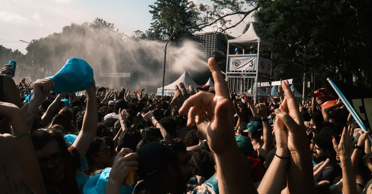 Een levendige menigte geniet op een zonnige dag van een muziekfestival in de openlucht.