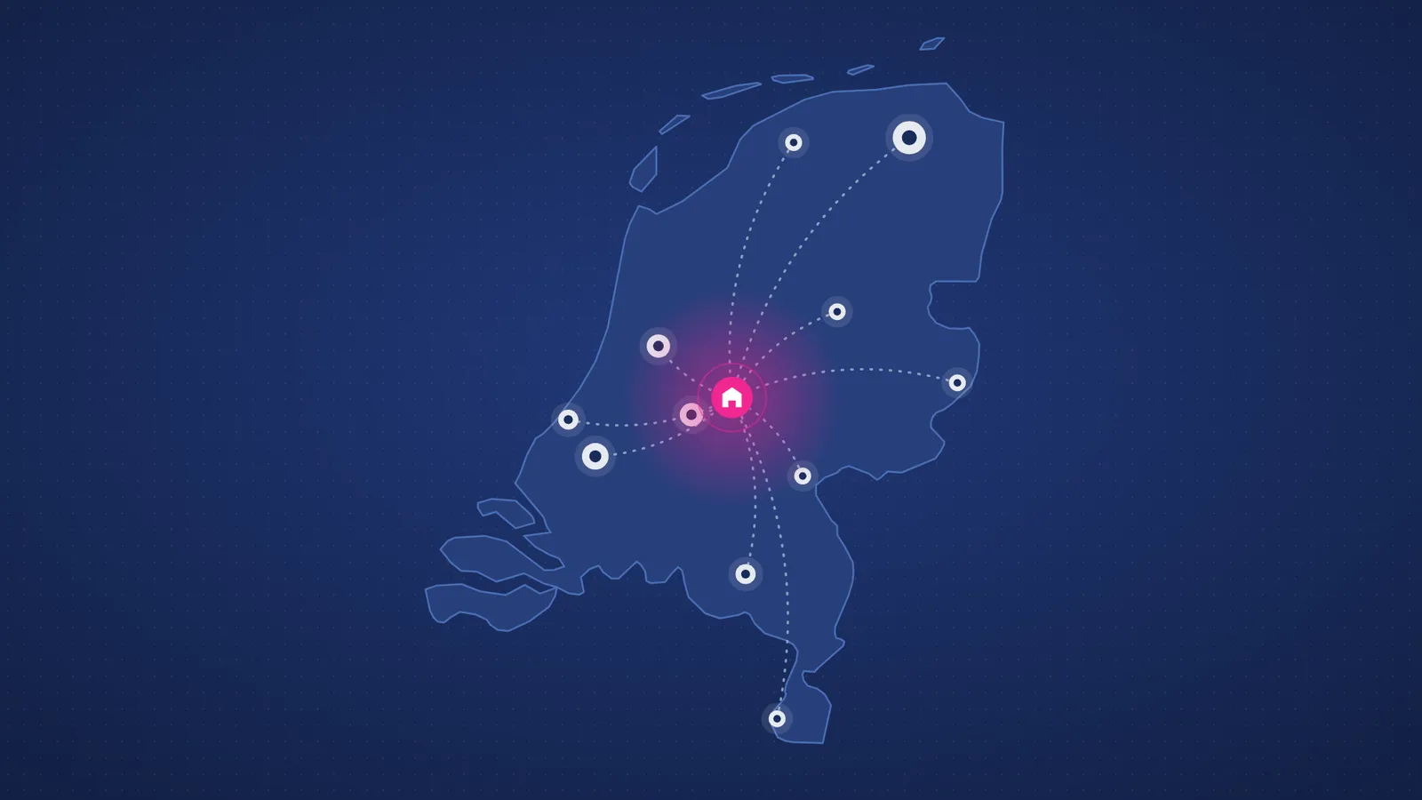 Kaart van Nederland met reislijnen vanuit verschillende steden naar één centrale vergaderlocatie