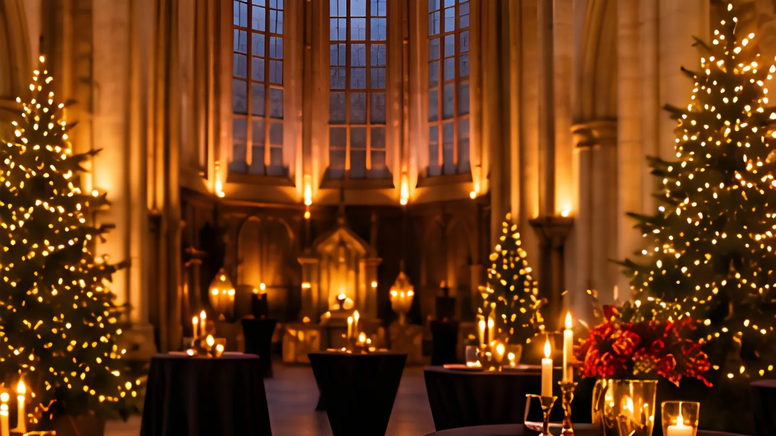 Sfeervol verlichte kerstbomen, kaarsen en statafels in de Grote Kerk Den Haag